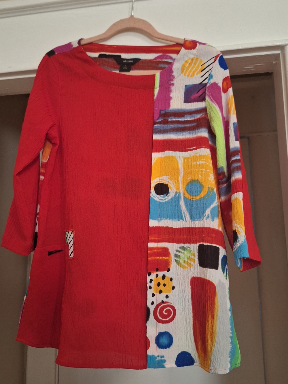 Ali Miles Red Mixed-Print Long Sleeve A-Line Dress